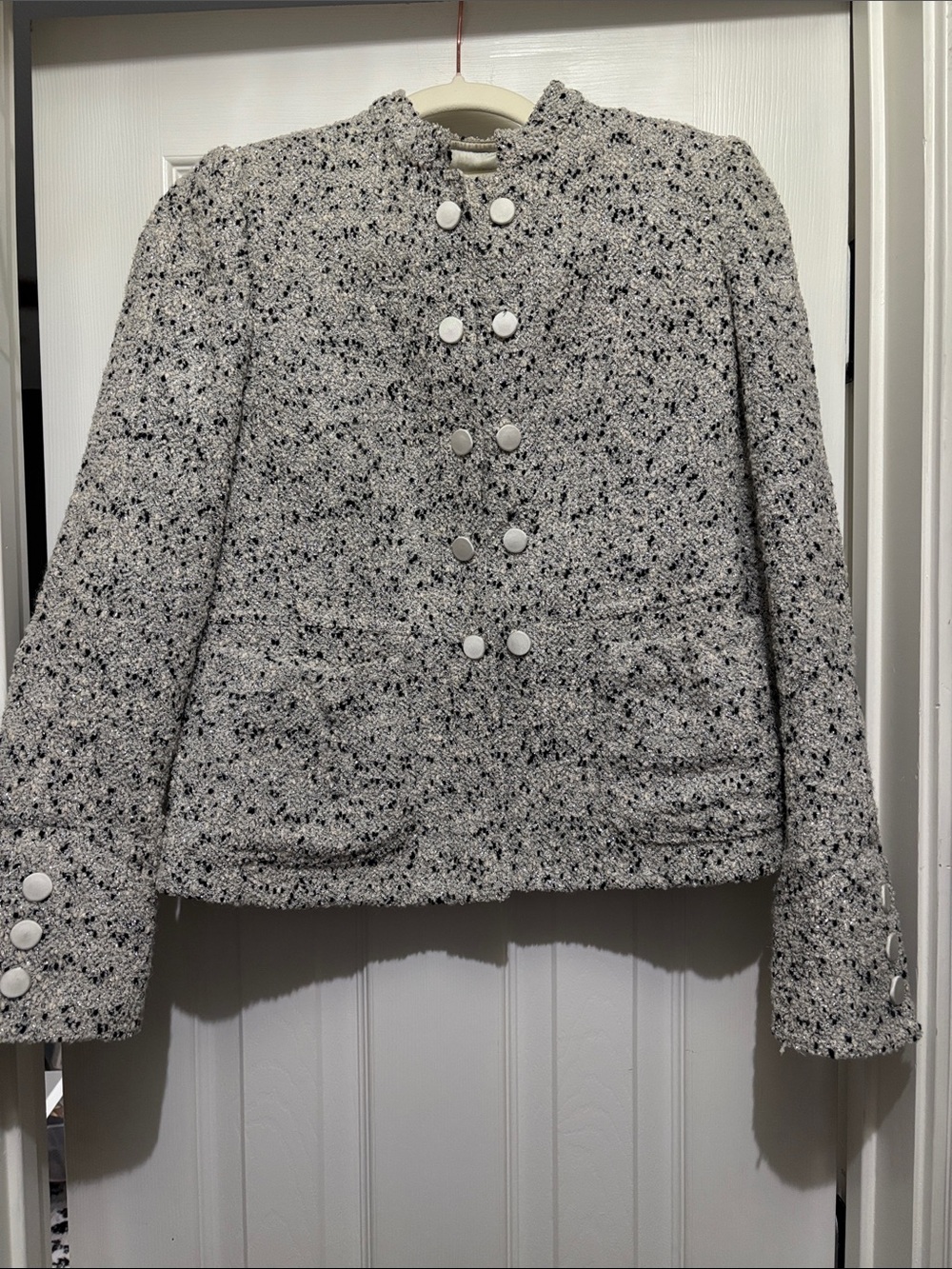 Armani Collezioni White and Black Speckled Tweed Button Jacket
